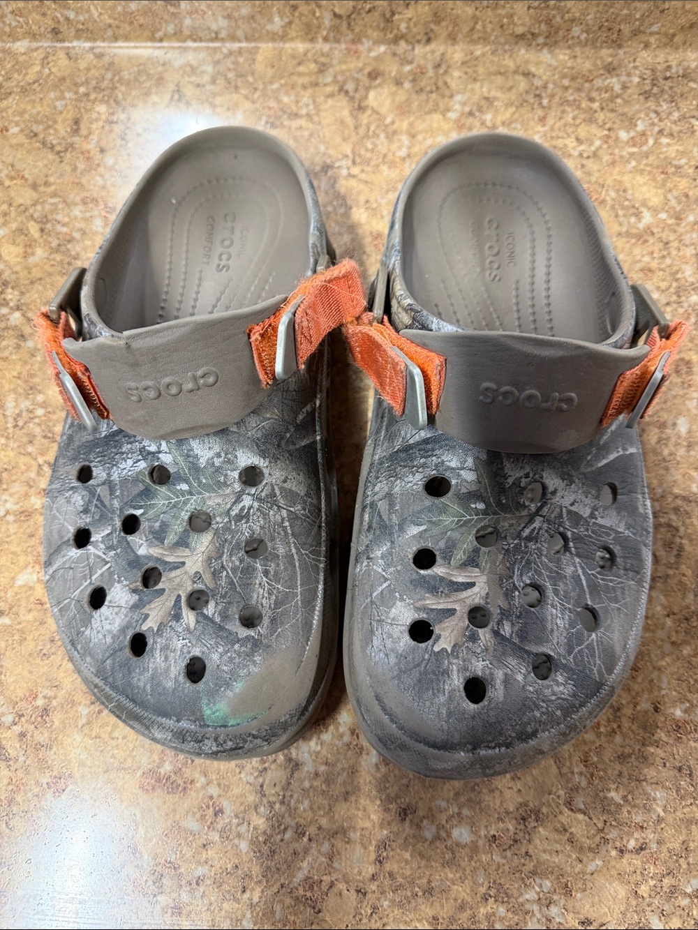 CROCS Gray Camo Clog with Orange Strap